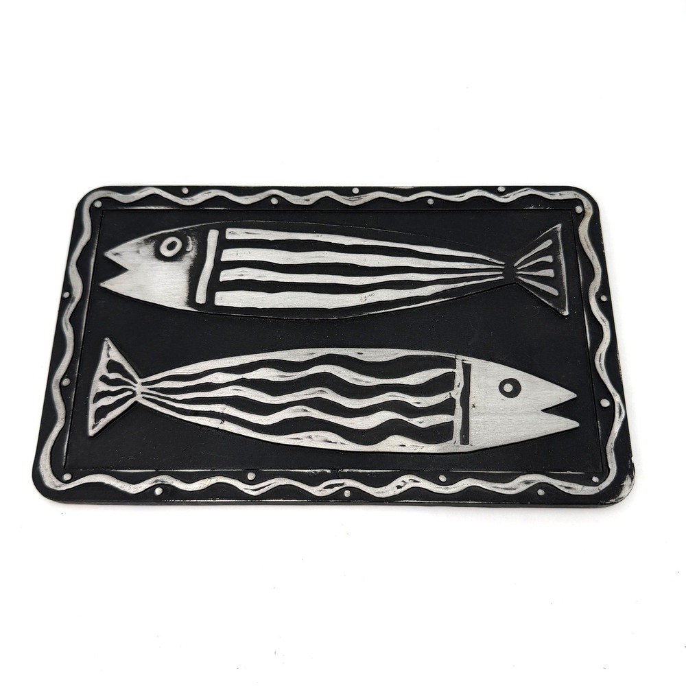 Via Ancona 2 NYC 1996 Modernist Fish Plaque Black Silver Nautical Decor 9.5in